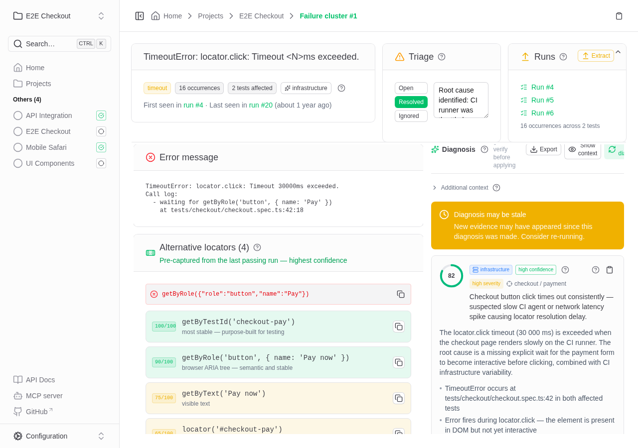 Failure cluster page with the AI diagnosis result alongside the error and alternative locators